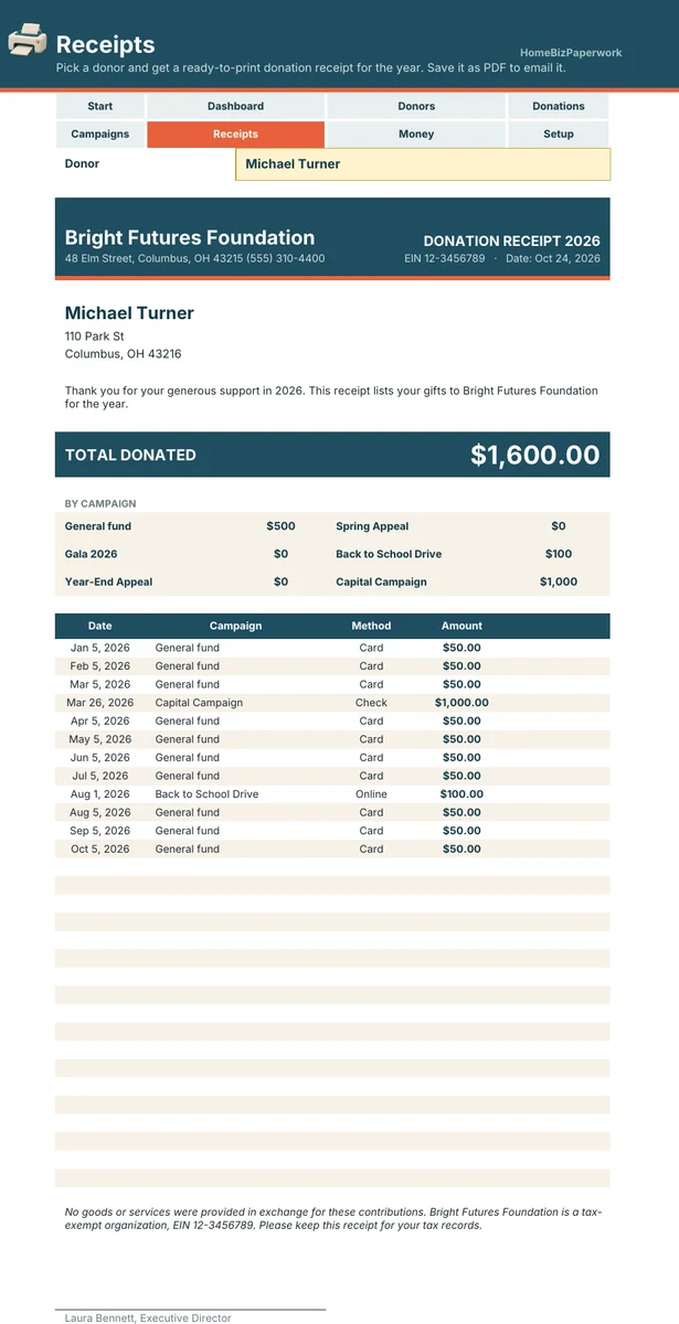 Nonprofit Donor Tracker — Receipts screen with example data
