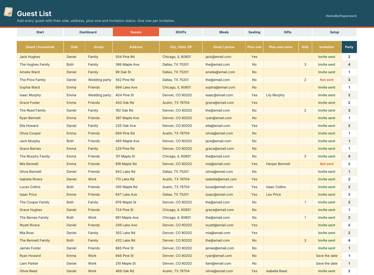 Wedding Guest List — Guestlist screen with example data