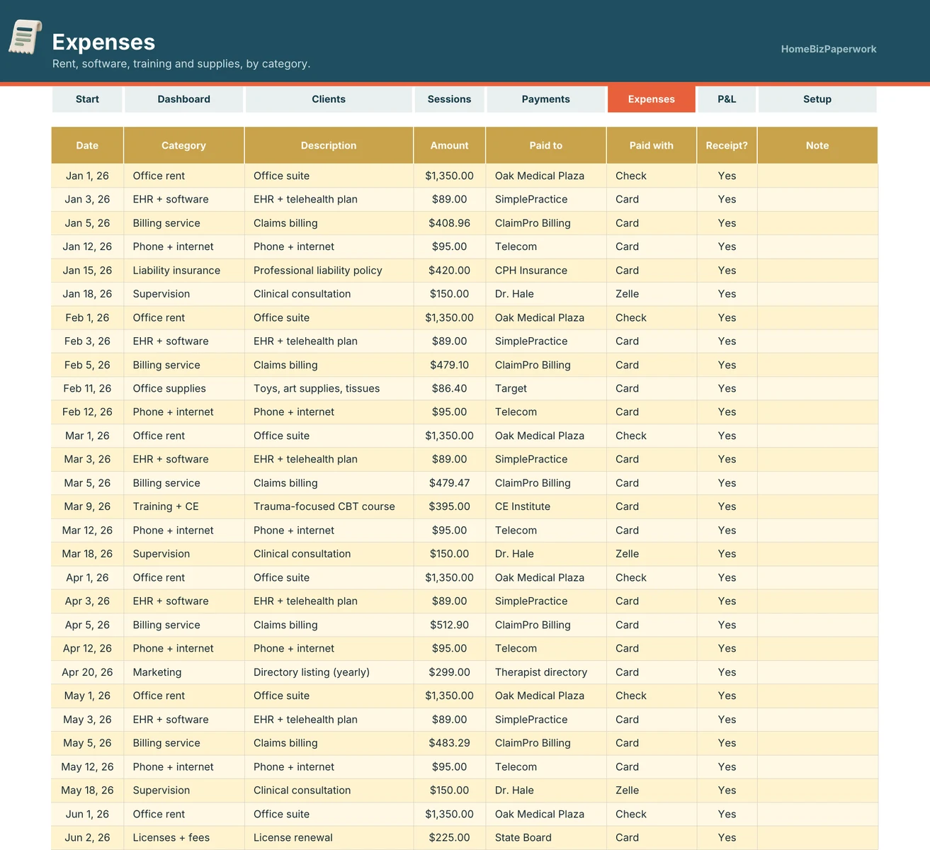 Private Practice Bookkeeping — Expenses screen with example data