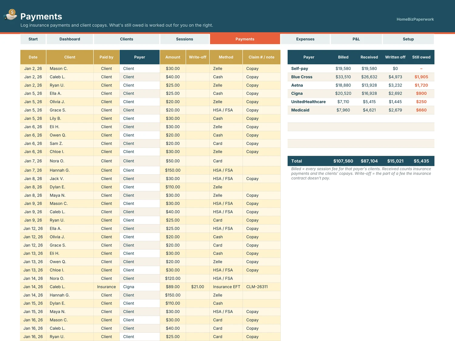 Private Practice Bookkeeping — Payments screen with example data