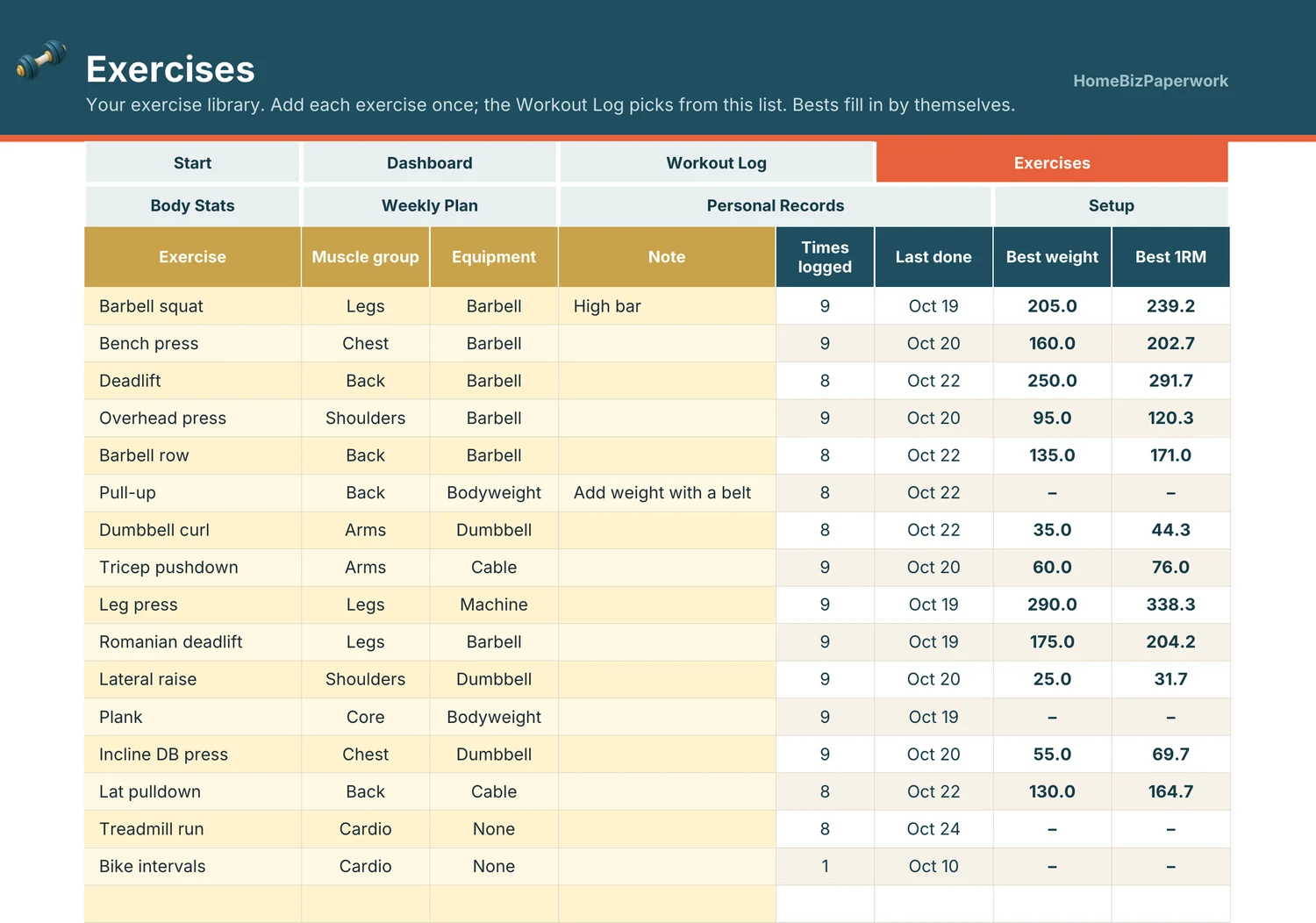Fitness & Workout Tracker — Exercises screen with example data