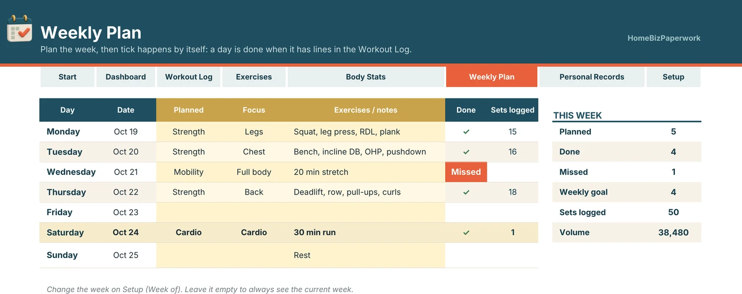 Fitness & Workout Tracker — Weeklyplan screen with example data