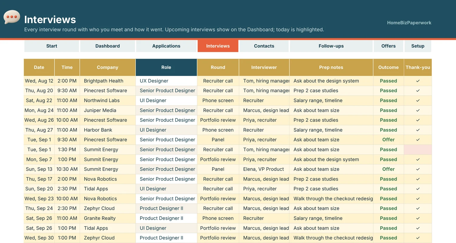 Job Application Tracker — Interviews screen with example data