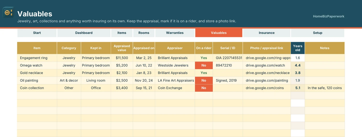 Home Inventory — Valuables screen with example data