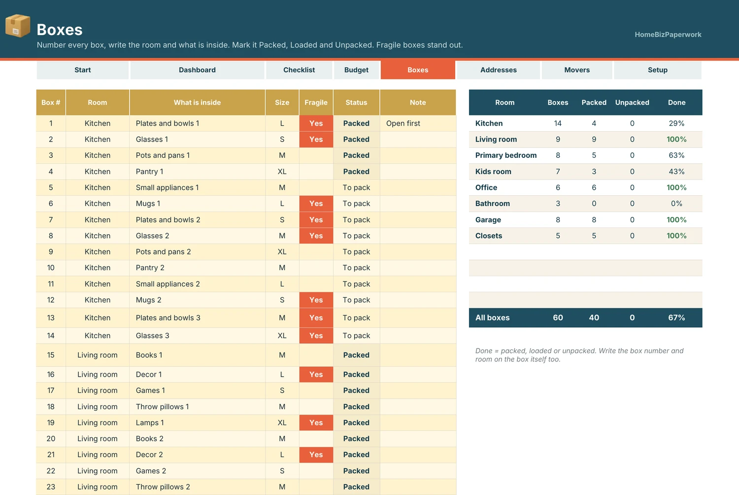 Moving Planner — Boxes screen with example data