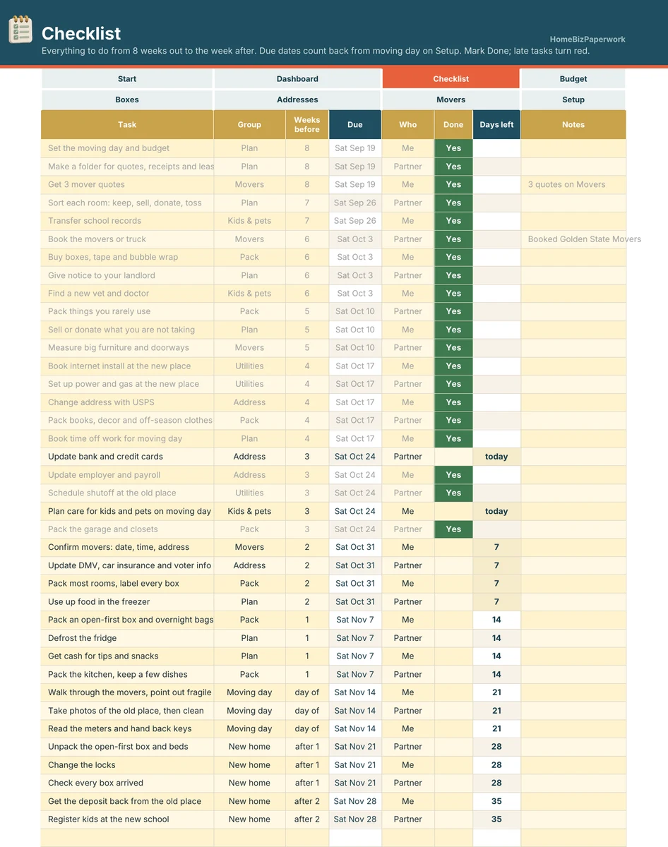 Moving Planner — Checklist screen with example data