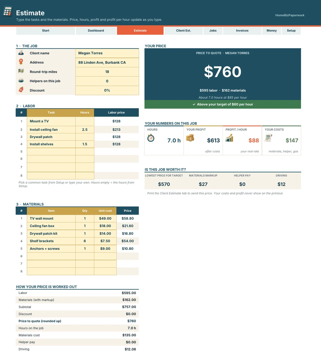 Handyman Business Planner — Estimate screen with example data