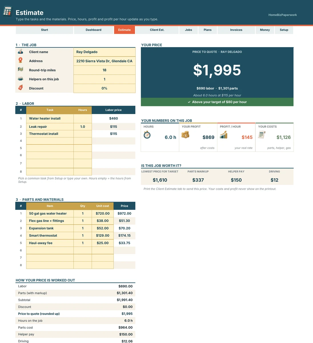 HVAC & Plumbing Contractor Tracker — Estimate screen with example data
