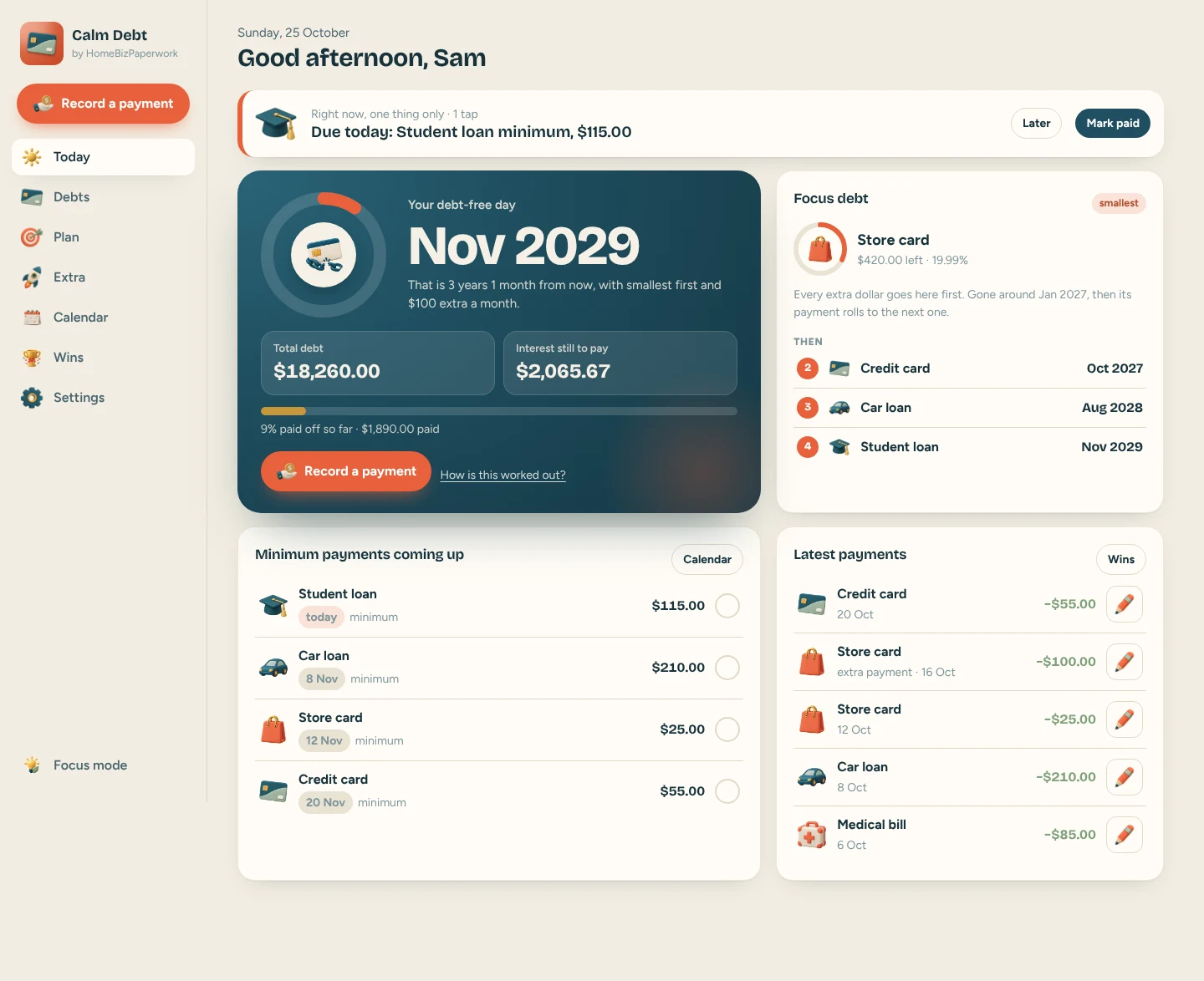 Calm Debt — Today screen with example data