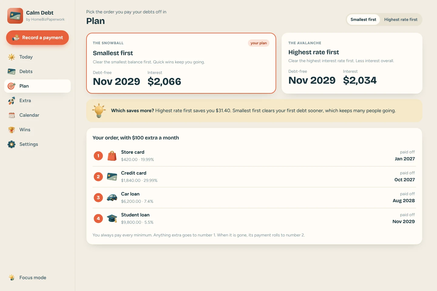 Calm Debt — Plan screen with example data