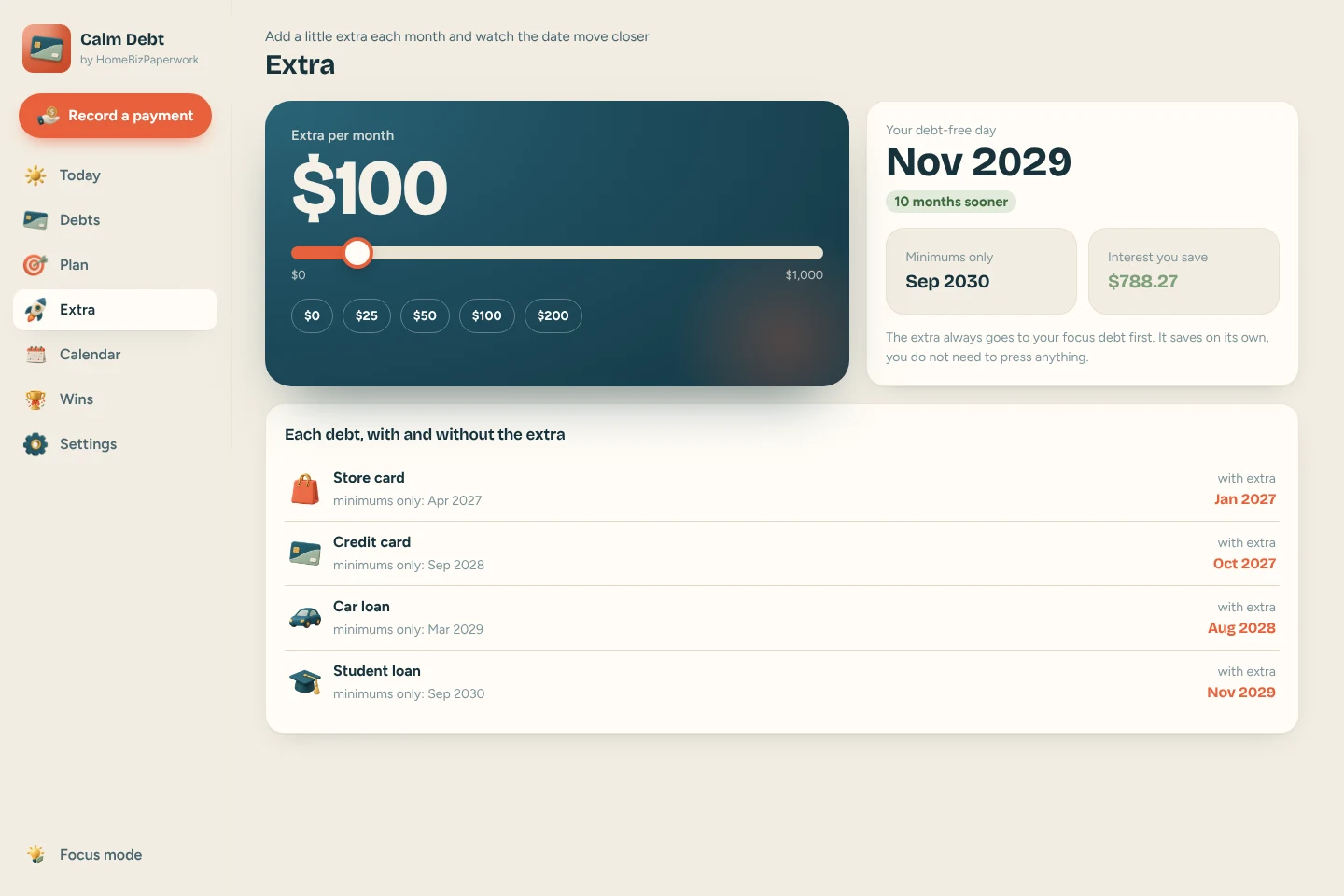 Calm Debt — Extra screen with example data