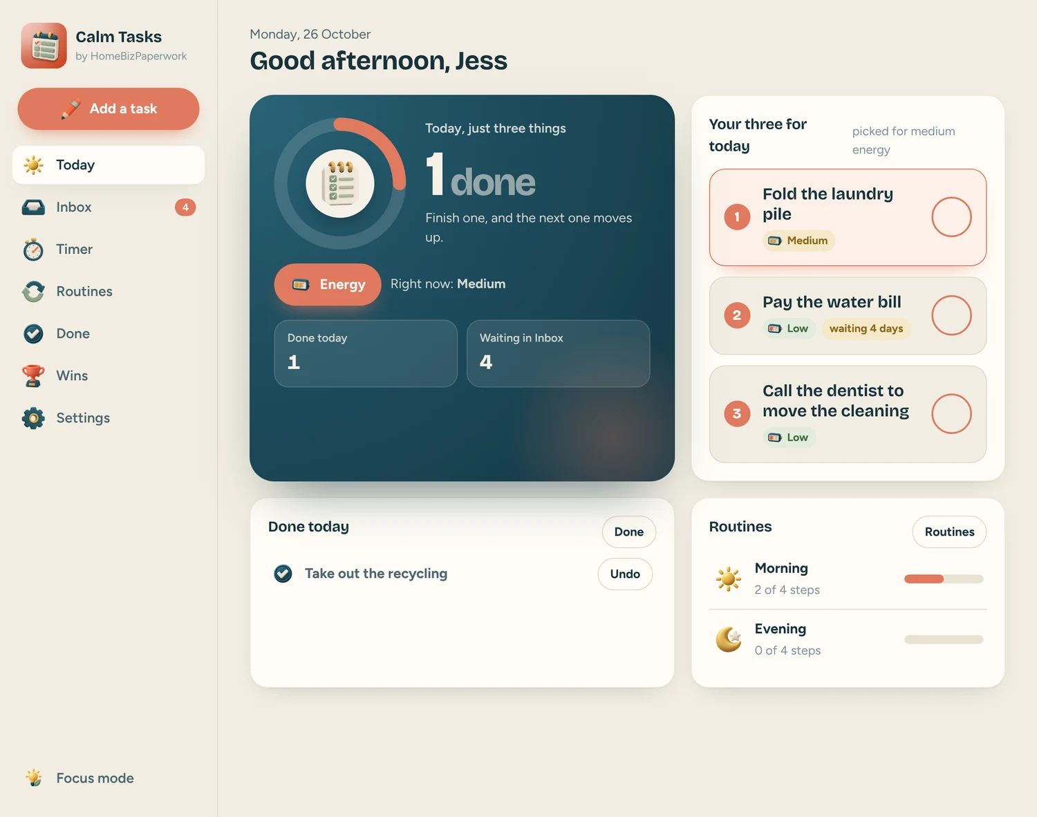Calm Tasks — Today screen with example data