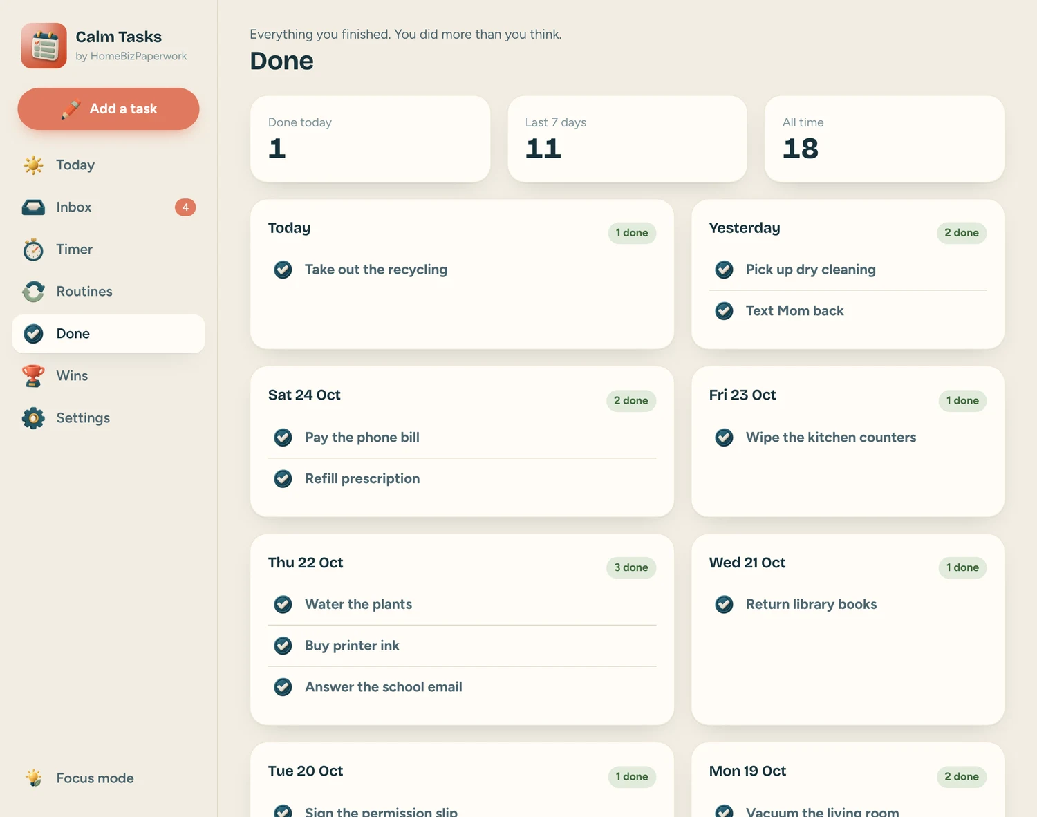 Calm Tasks — Done screen with example data