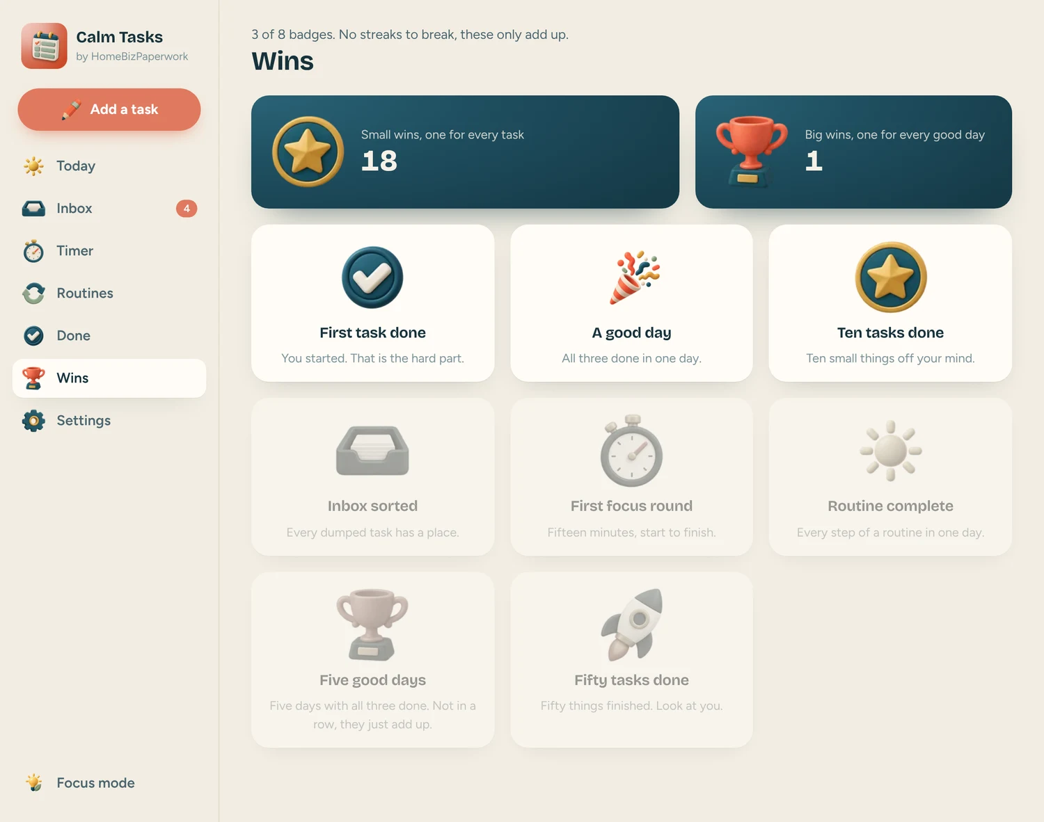 Calm Tasks — Wins screen with example data