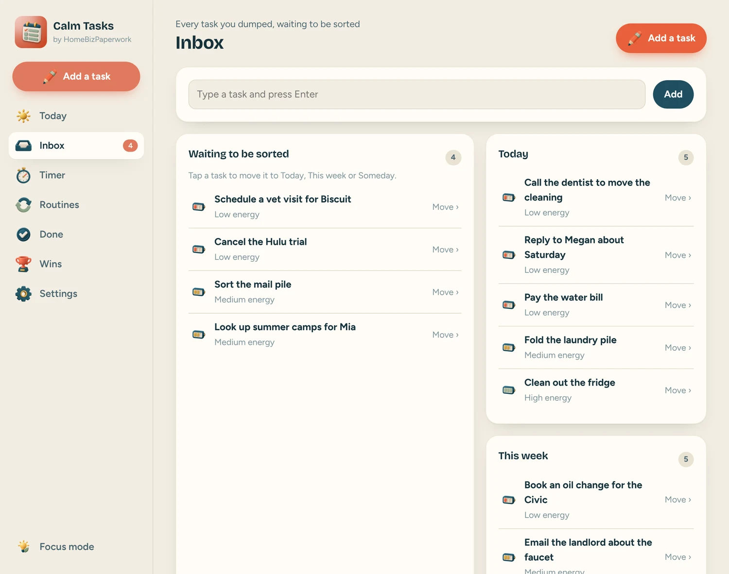 Calm Tasks — Inbox screen with example data