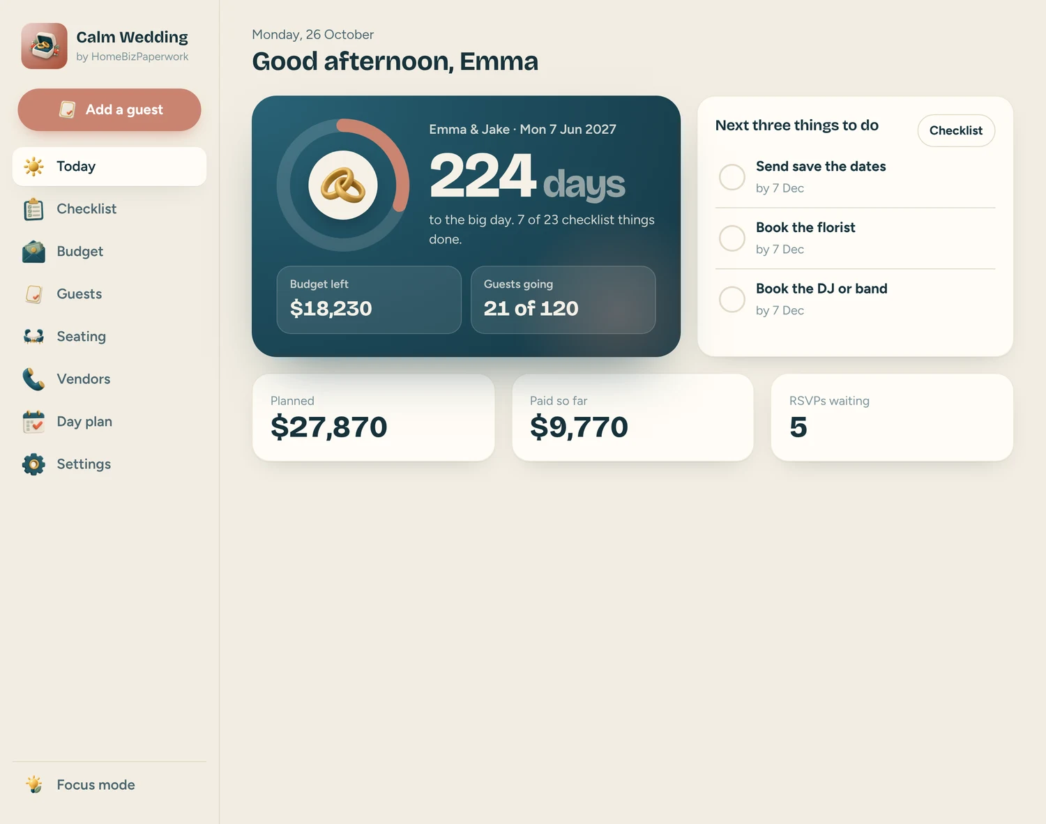 Calm Wedding — Today screen with example data