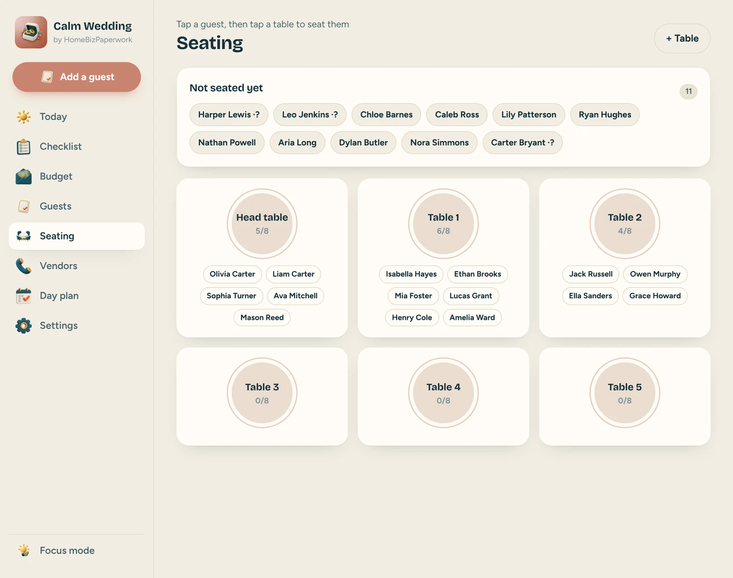 Calm Wedding — Seating screen with example data