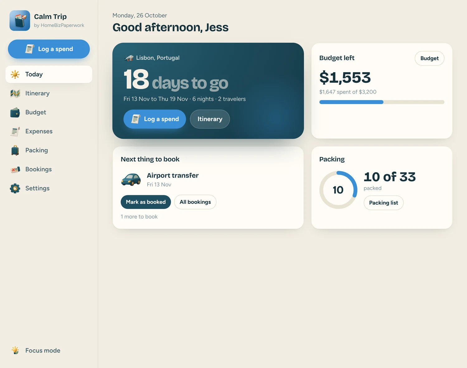 Calm Trip — Today screen with example data