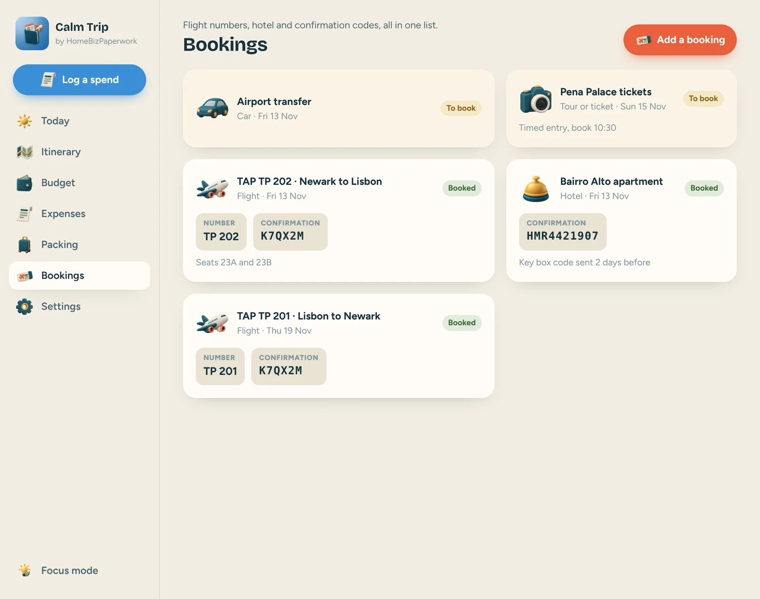 Calm Trip — Bookings screen with example data
