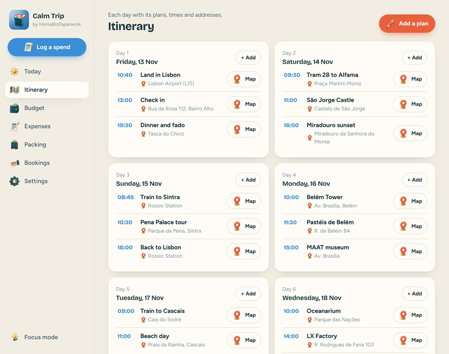 Calm Trip — Itinerary screen with example data