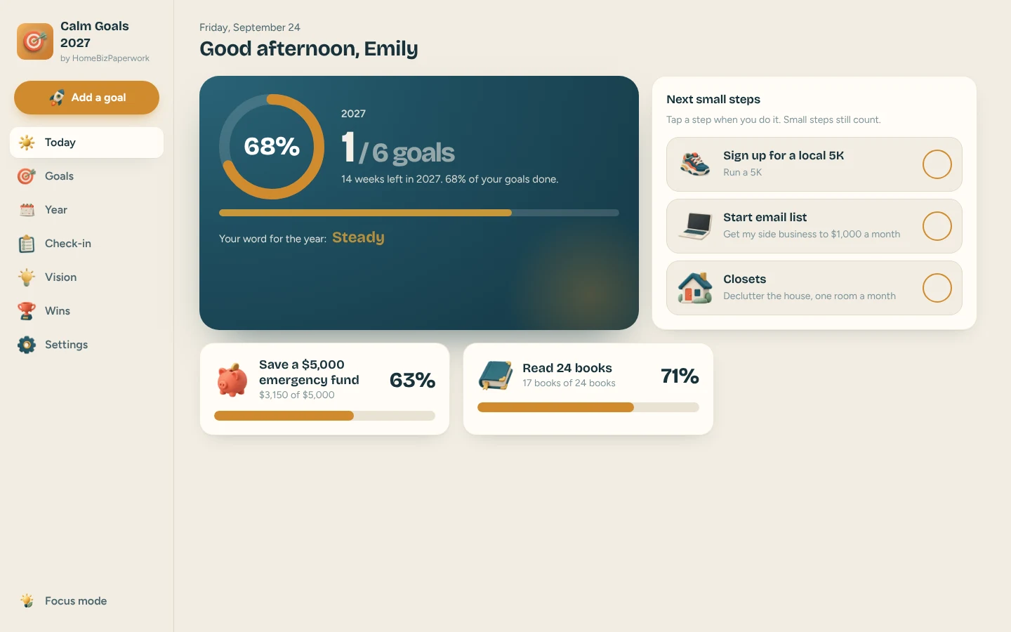 Calm Goals 2027 — Today product preview shown in a laptop