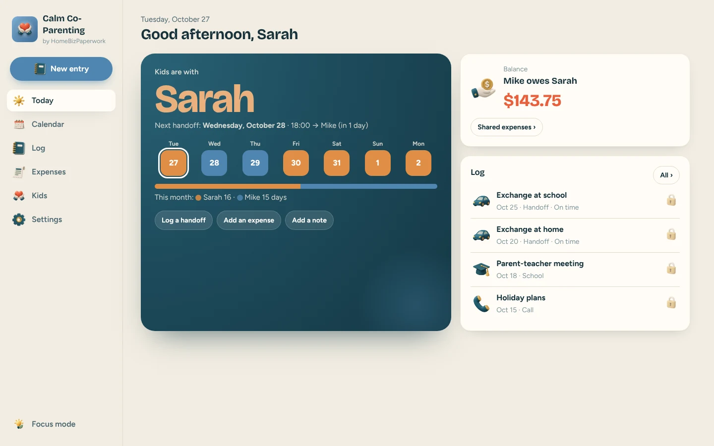 Calm Co-Parenting — Today product preview shown in a laptop